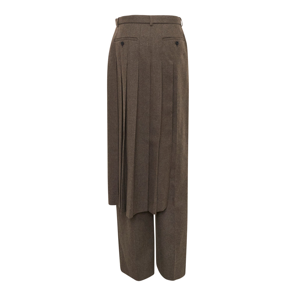 sacai Wool Flannel Layered Pants in brown, featuring a knife-pleated midi skirt overlay over straight-leg trousers with a belted waist and gold-tone buckle hardware - view 2