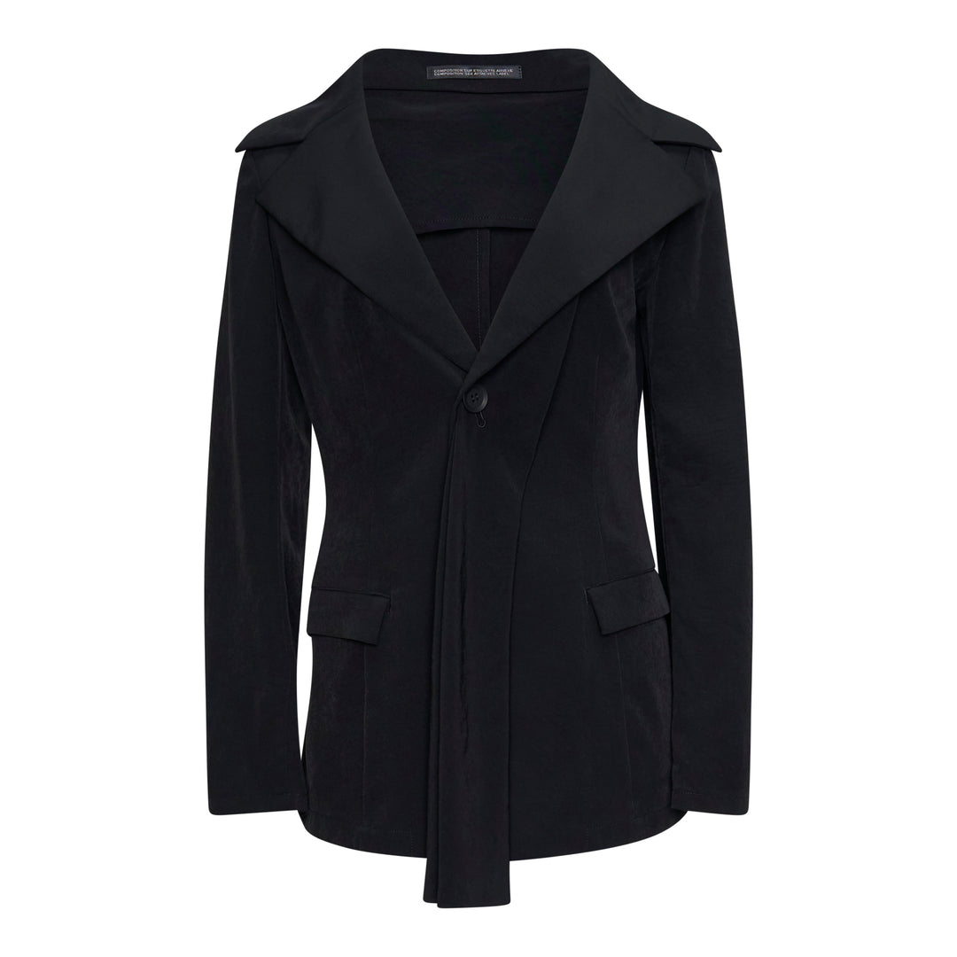 Yohji Yamamoto Stole Detail Single Jacket in black, featuring wide lapels, a single-button closure, an elongated stole panel at the front, and hip flap pockets