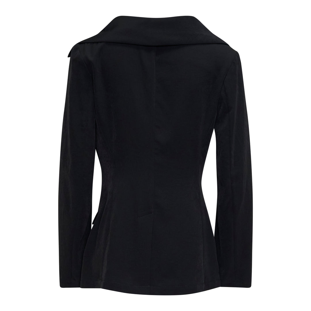 Yohji Yamamoto Stole Detail Single Jacket in black, featuring wide lapels, a single-button closure, an elongated stole panel at the front, and hip flap pockets