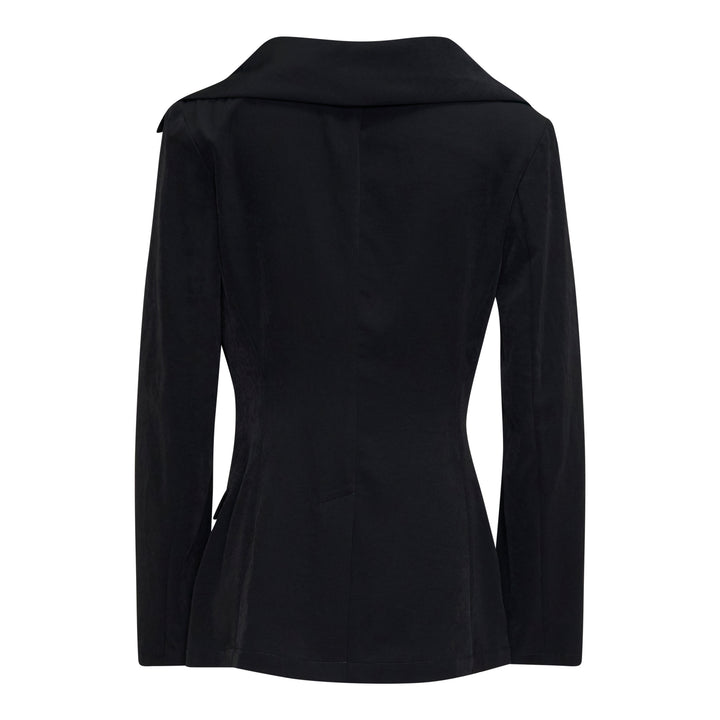 Yohji Yamamoto Stole Detail Single Jacket in black, featuring wide lapels, a single-button closure, an elongated stole panel at the front, and hip flap pockets