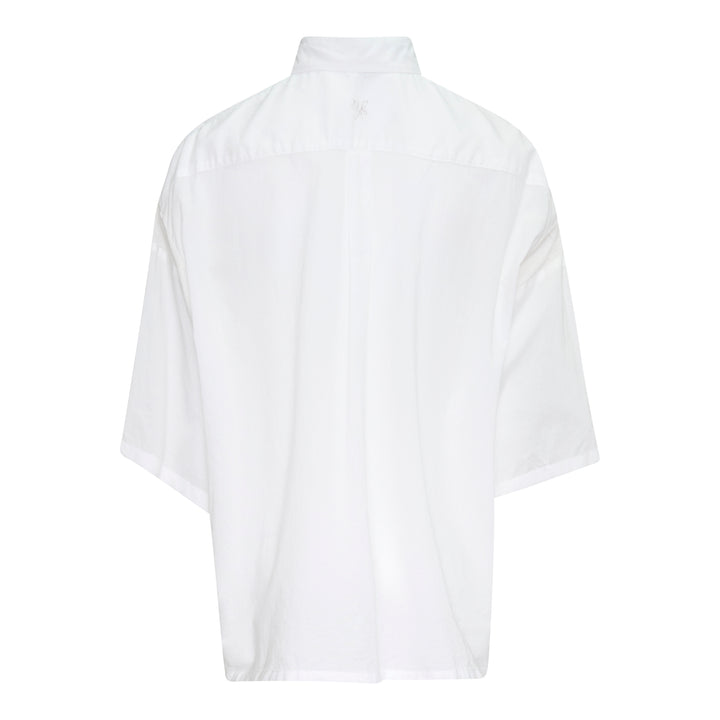Y's oversized white half-sleeve blouse with dropped shoulders, wide billowing sleeves, point collar, and partial button placket, displayed on a plain white background