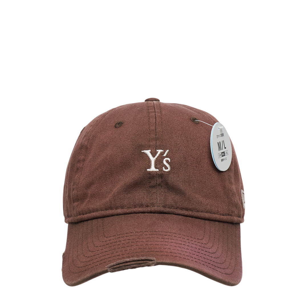 Y's Logo Vintage Wash Cap in brown with embroidered Y's logo on the front panel and distressed brim detailing, M/L size tag attached
