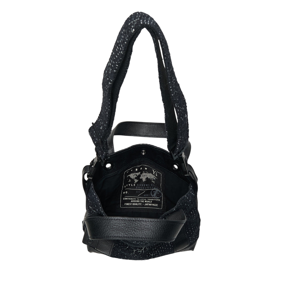 Y's x FAF 008 black kantha-stitched tote bag with pebbled leather trim, dual short handles, and a wide adjustable crossbody strap with gunmetal hardware - view 3