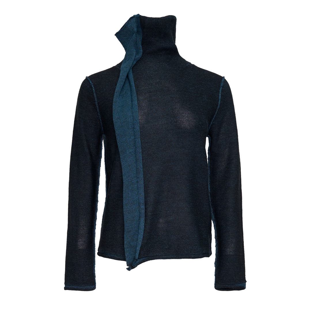 Y's high neck semi-sheer fine-knit top in deep navy with an asymmetric diagonal teal contrast cloth panel and raw-edge detailing, long sleeves, front view