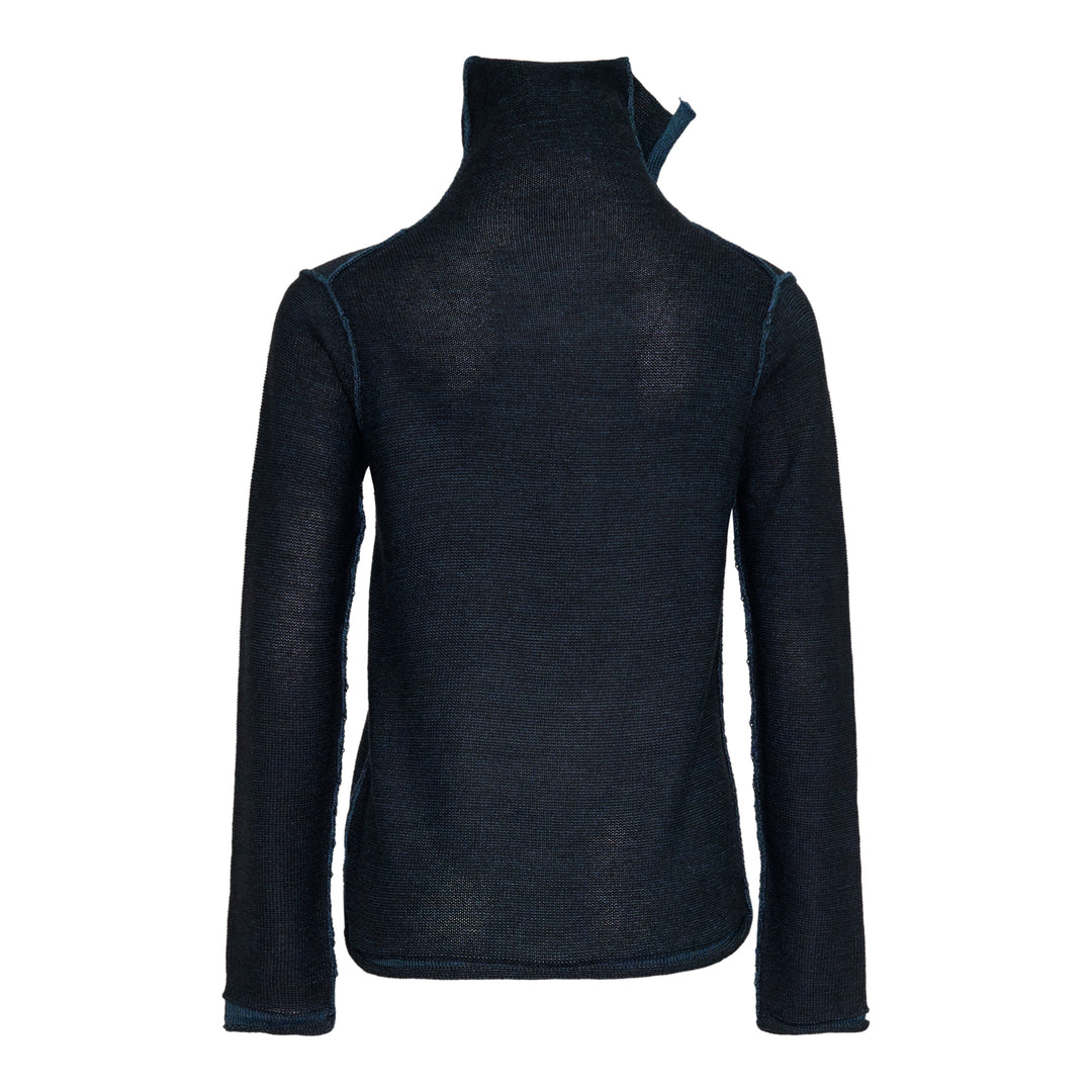 Y's high neck semi-sheer fine-knit top in deep navy with an asymmetric diagonal teal contrast cloth panel and raw-edge detailing, long sleeves, front view