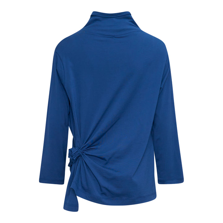 Y's cobalt blue long-sleeve cardigan with asymmetric draped overlay panel and ruched drawstring cinch detail at the side, shown on a flat lay against a white background