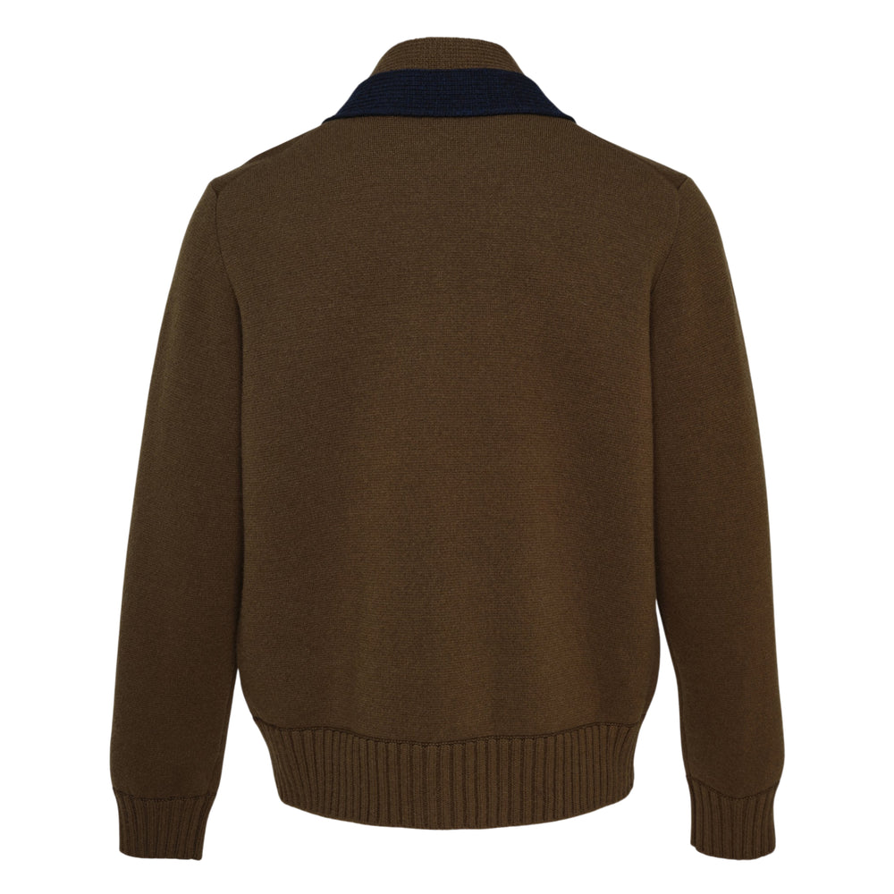 sacai Wool Knit Cardigan in olive brown with contrast navy ribbed shawl collar trim, button-front closure, and two hip patch pockets — front view on white background