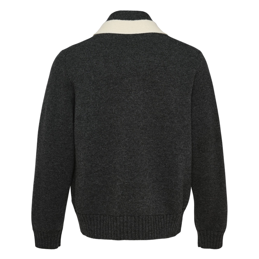 sacai Wool Knit Cardigan in olive brown with contrast navy ribbed shawl collar trim, button-front closure, and two hip patch pockets — front view on white background