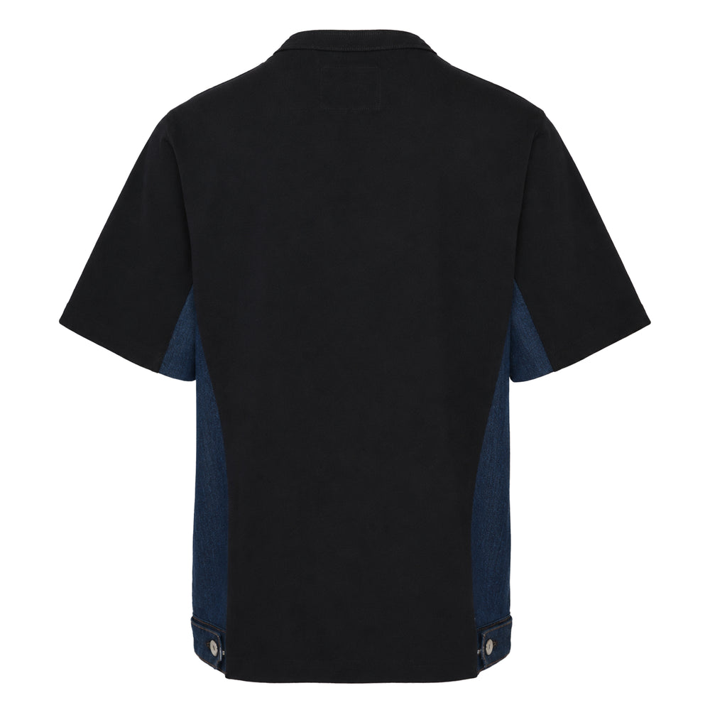 sacai Denim x Cotton Jersey T-Shirt in black with contrast indigo denim side panels, crew neck, and chest patch pocket — front view