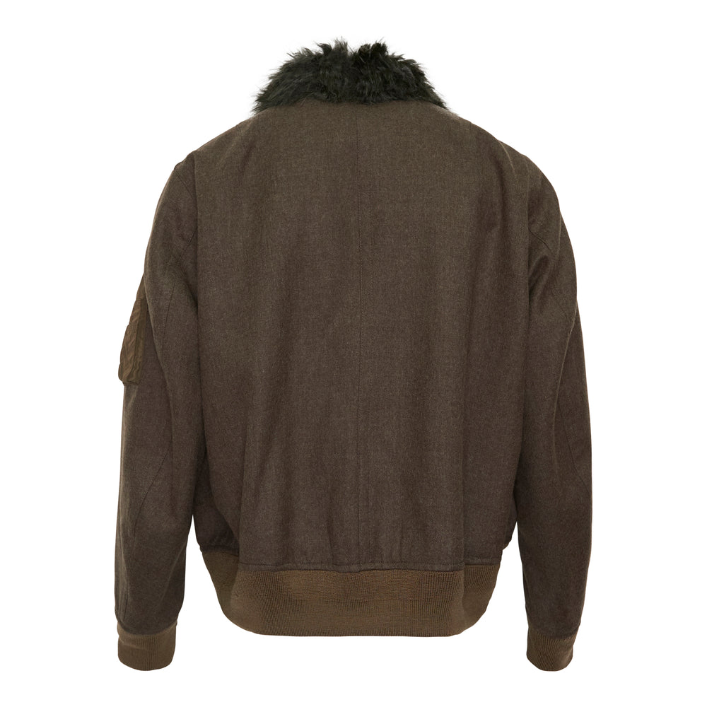 sacai Wool Melton Fur Collar Blouson in olive brown, featuring a shearling collar, silver-tone full-length zip, four patch pockets, a sleeve zip pocket, and ribbed knit hem and cuffs