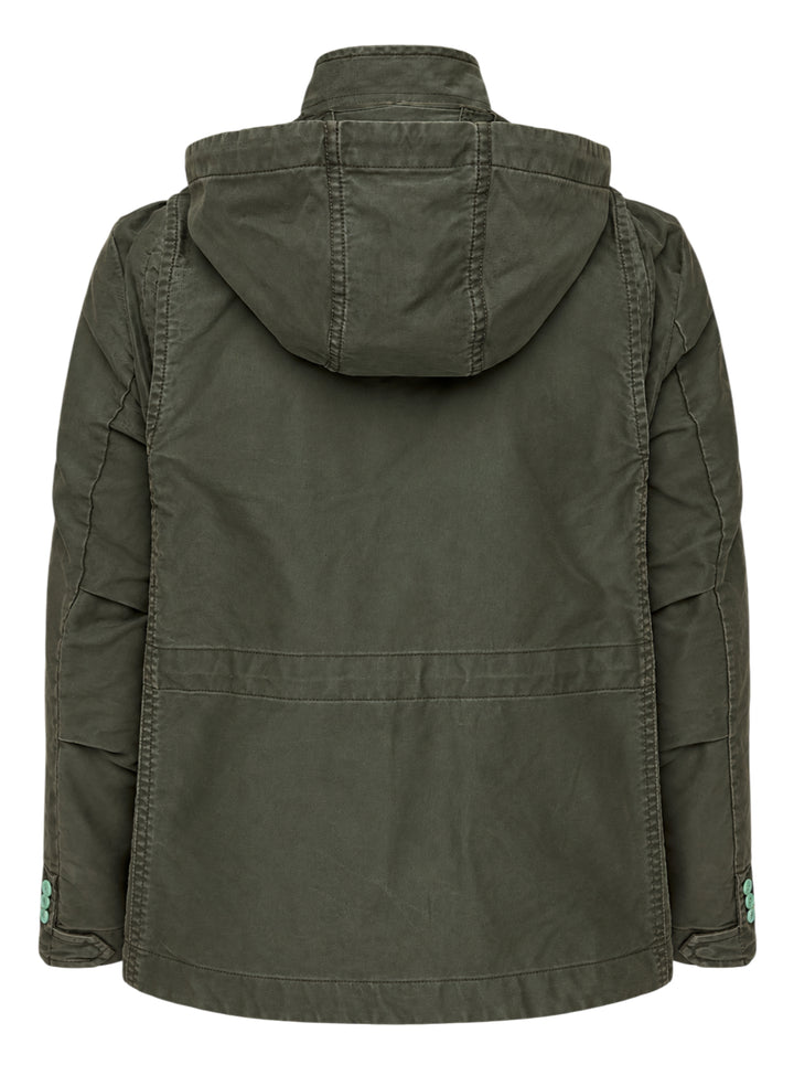sacai olive green sueded cotton hooded jacket with navy drawcords, mint green collar buttons and flap pockets - view 2