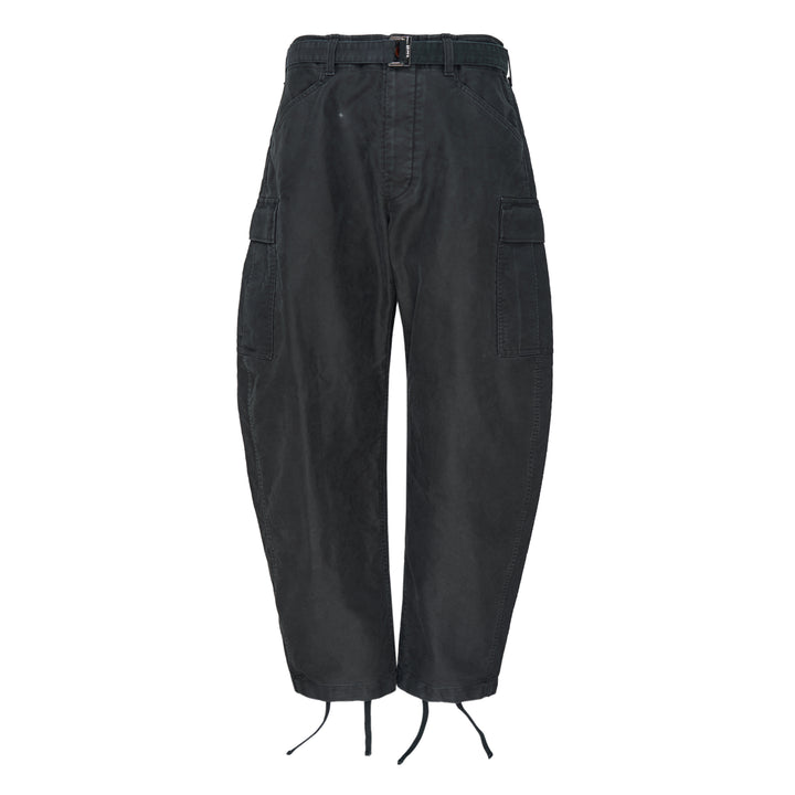 sacai Sueded Cotton Cargo Pants in washed black, featuring a balloon-leg silhouette, belted high waist, flap cargo pockets, and adjustable drawstring hems, photographed flat on a white background