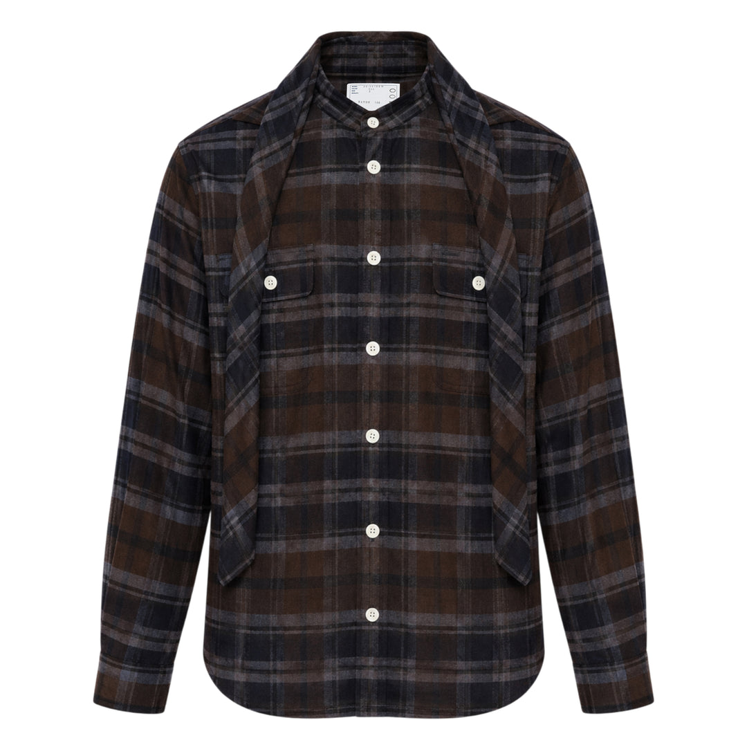 sacai plaid flannel long sleeve shirt in brown, navy, and grey check with deconstructed layered collar, dual chest pockets, and mother-of-pearl buttons, displayed flat on white background