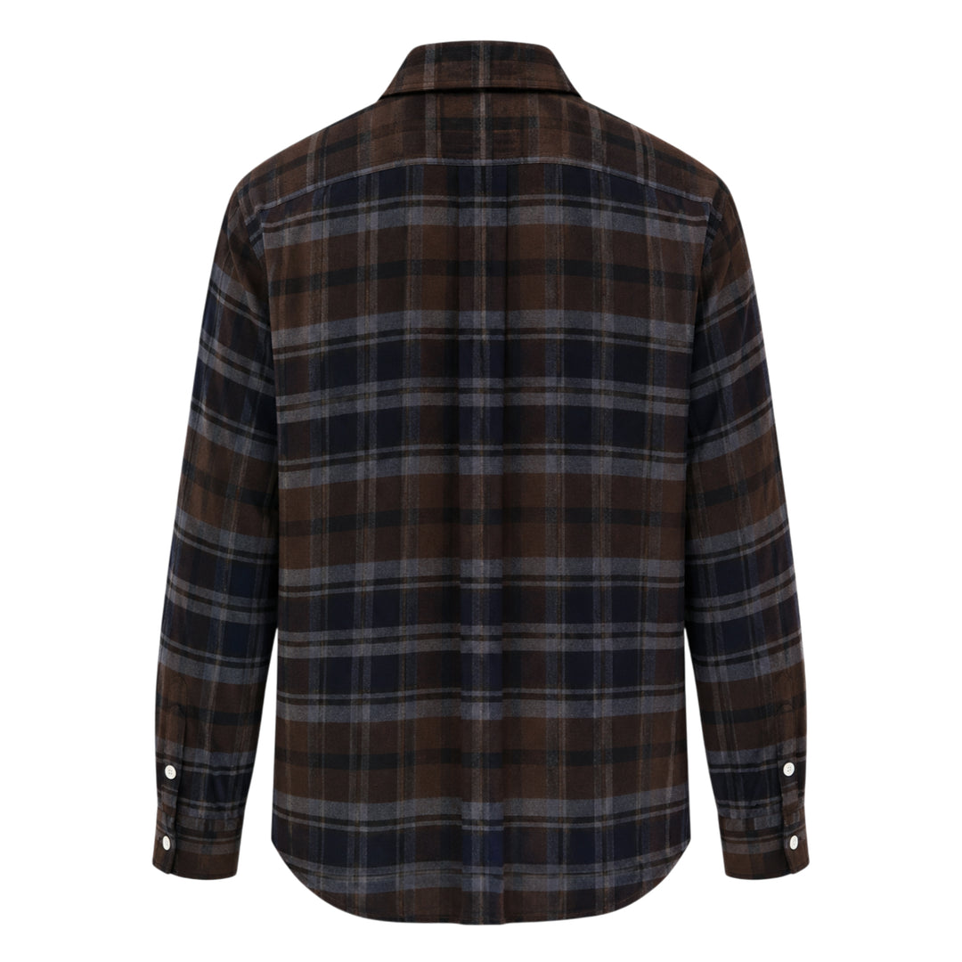 sacai plaid flannel long sleeve shirt in brown, navy, and grey check with deconstructed layered collar, dual chest pockets, and mother-of-pearl buttons, displayed flat on white background - view 2