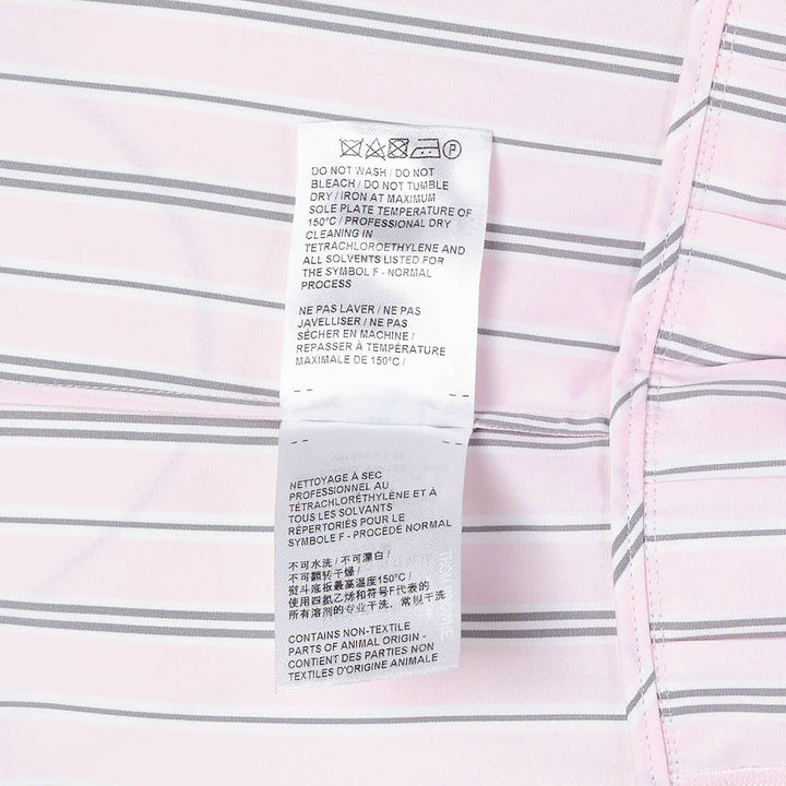 Thom Browne pleated bottom short sleeve shirt dress in pink and navy stripe with drop-waist silhouette and button-down collar, front view