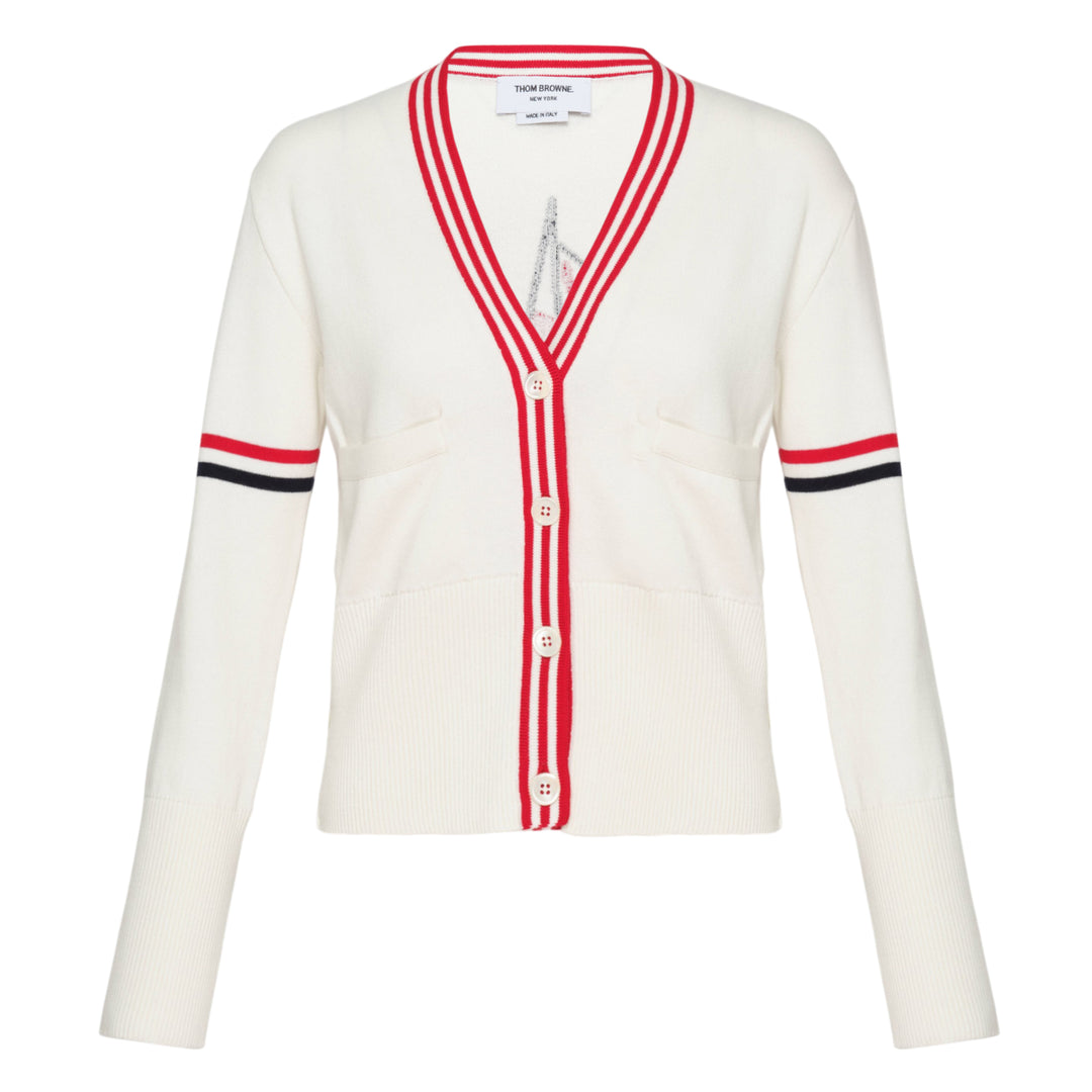 Thom Browne Sailboat Jacquard V-Neck Cardigan in navy with white contrast tipping, red, white, and blue sleeve stripe, and four-button front fastening