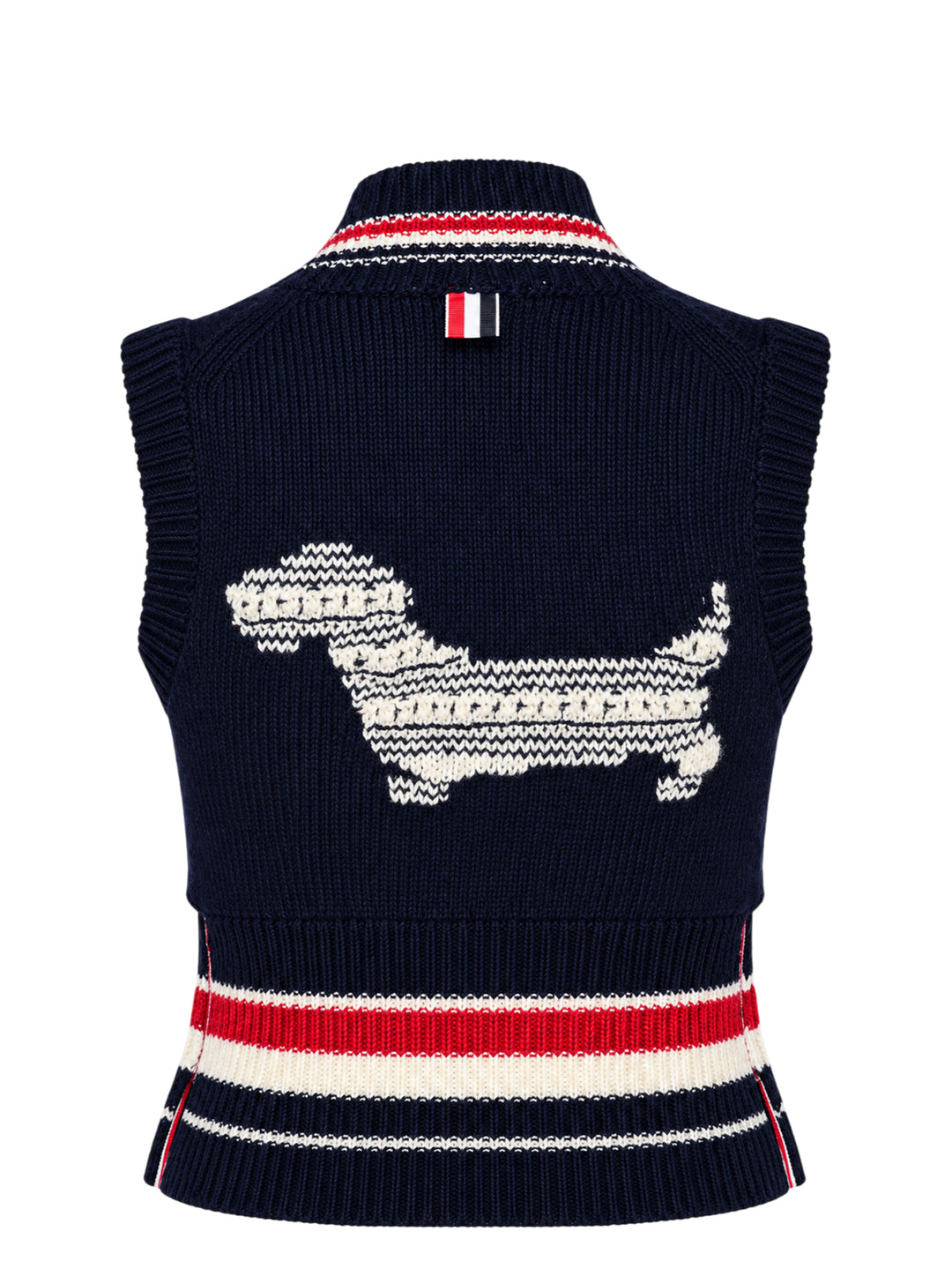 Thom Browne navy chunky-knit V-neck vest with red, white, and blue intarsia stripes at the neckline and hem and pearl buttons at the hem - view 2