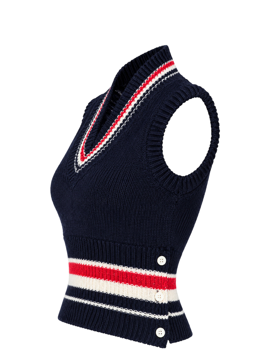 Thom Browne navy chunky-knit V-neck vest with red, white, and blue intarsia stripes at the neckline and hem and pearl buttons at the hem - view 3