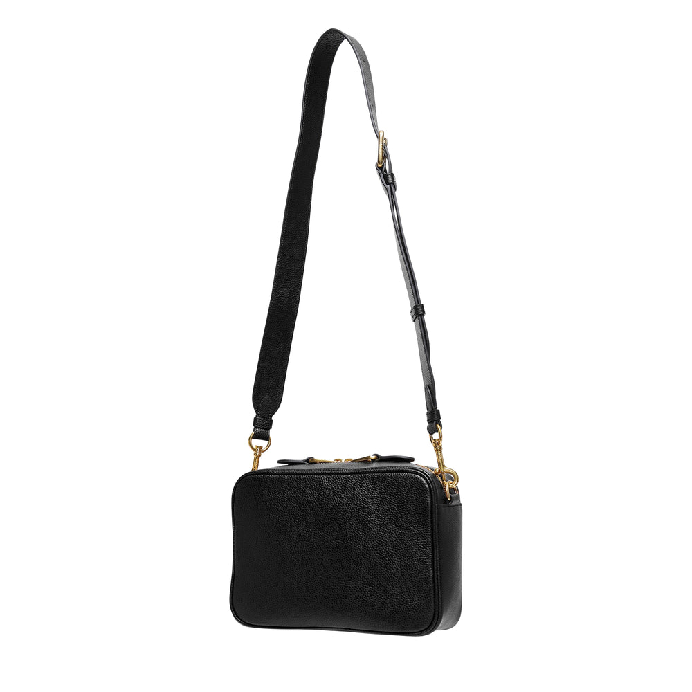 Mulberry Darley Camera Bag in black pebbled leather with gold-tone postman's lock closure and long adjustable crossbody strap, shown on a white background