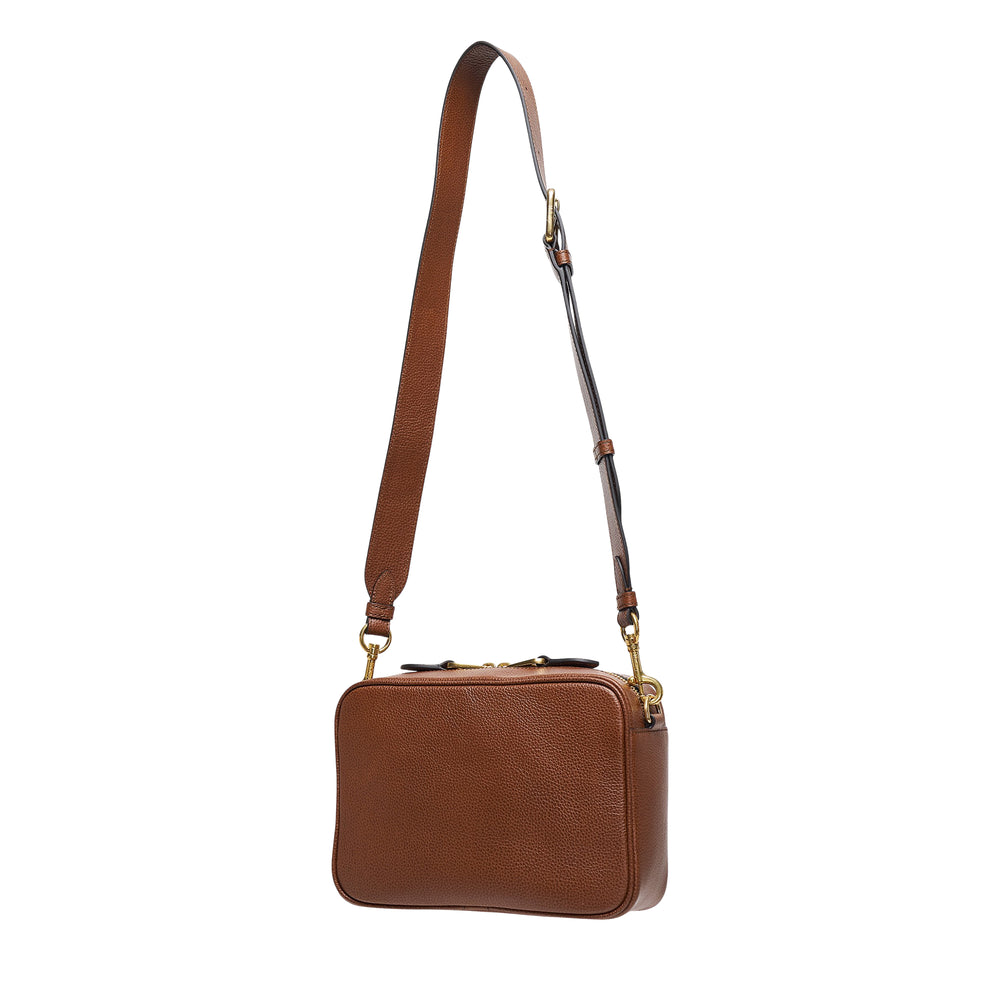 Mulberry Darley Camera Bag in pebbled tan leather with gold-tone oval postman's lock closure and adjustable crossbody strap