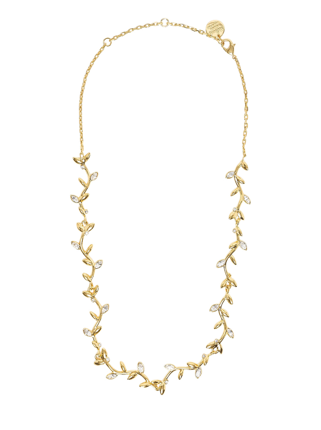 Mulberry gold-tone leaf necklace with sculpted vine motif, crystal accents and adjustable chain with lobster clasp