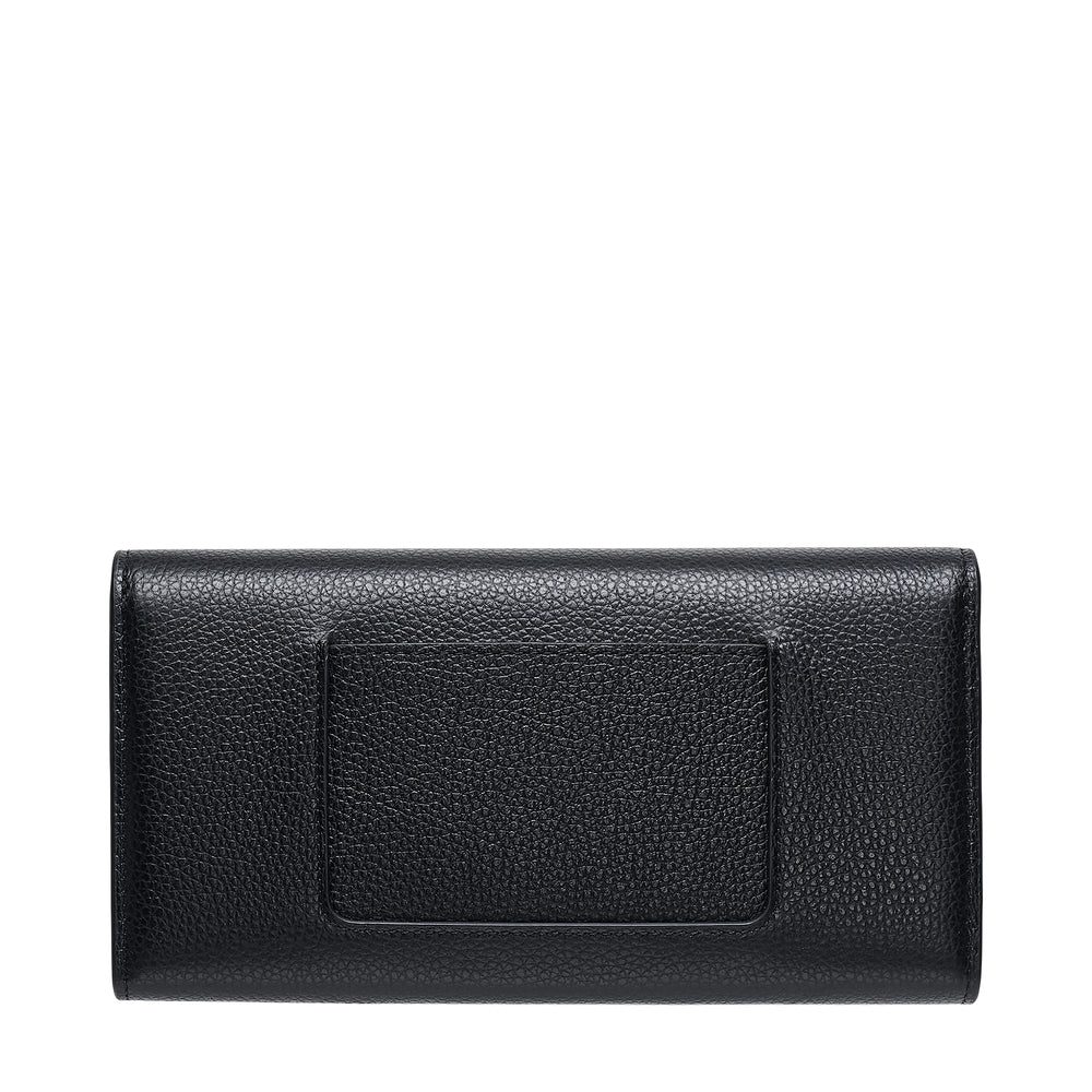 Mulberry Darley Small Long Wallet in black pebbled leather with gold brass postman's lock closure, front view