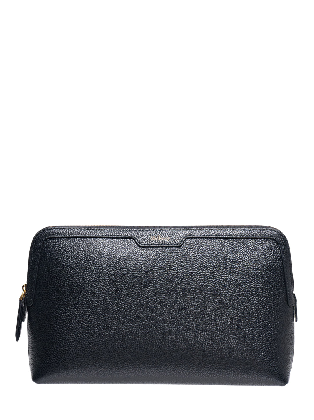 Mulberry Medium Leather Cosmetic Pouch in black pebbled grain leather with gold-tone zip hardware and embossed logo, front view