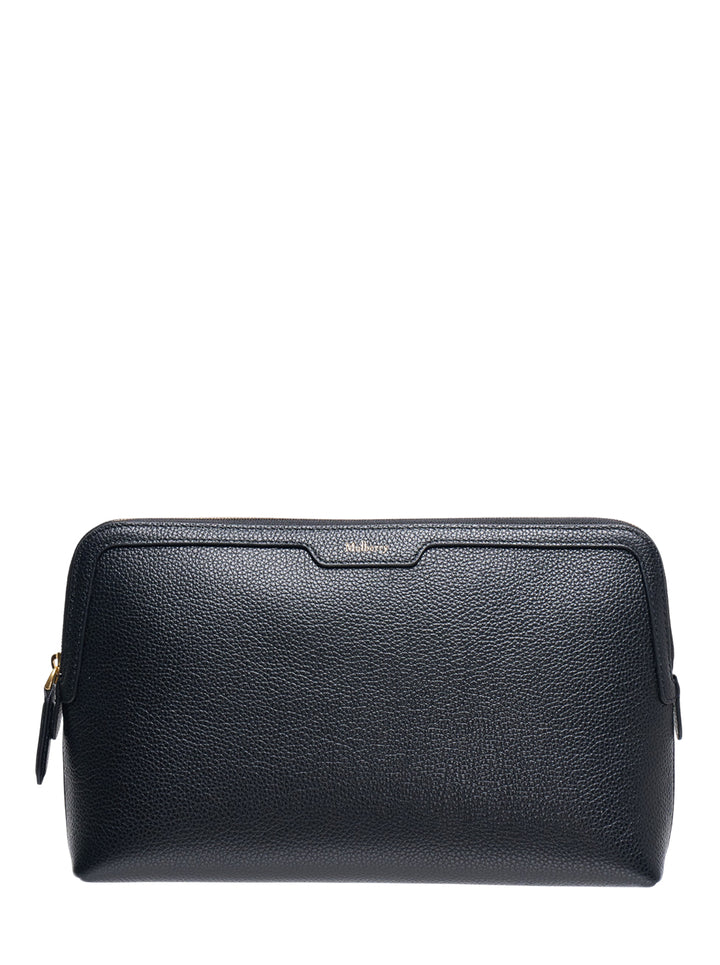 Mulberry Medium Leather Cosmetic Pouch in black pebbled grain leather with gold-tone zip hardware and embossed logo, front view