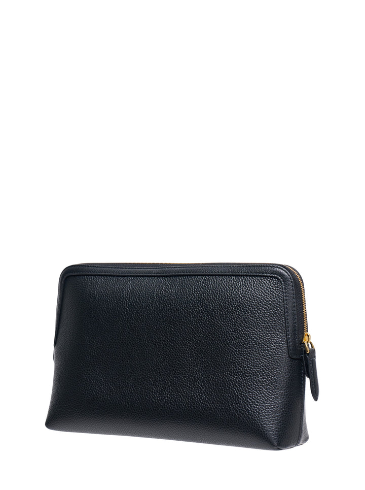 Mulberry Medium Leather Cosmetic Pouch in black pebbled grain leather with gold-tone zip hardware and embossed logo, front view - view 2