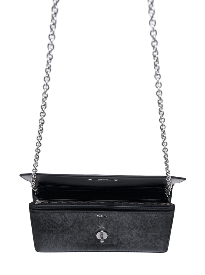 Mulberry Darley clutch in black high shine leather with silver-tone postman's lock and chain strap - view 4