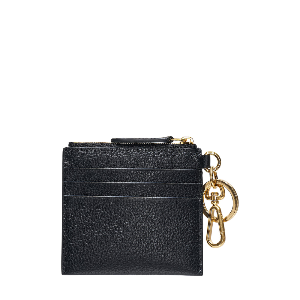 Mulberry Clip Zipped Credit Card Pouch in black pebbled leather with gold-tone zip closure and detachable swivel key clip ring