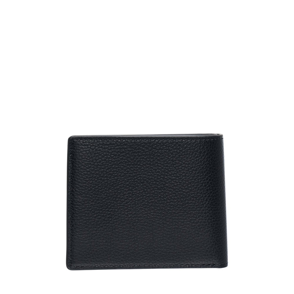 Mulberry Heritage Bifold Coin Wallet in black pebbled leather with silver embossed logo, front view