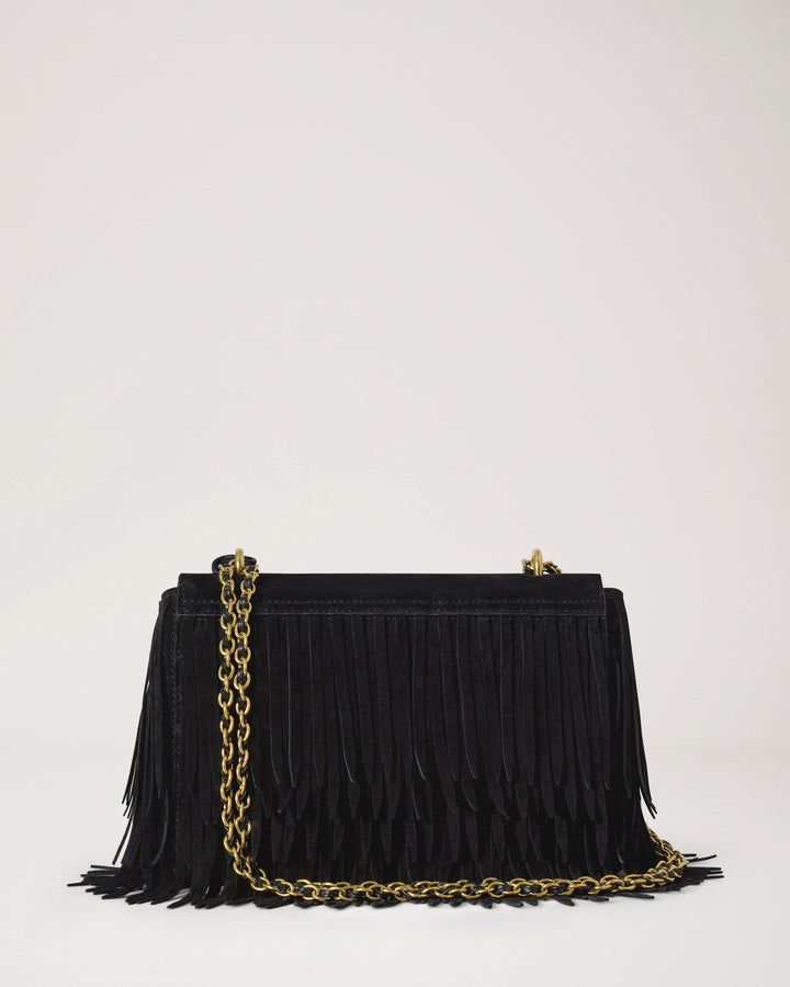 Mulberry Lily small shoulder bag in black suede with fringe trim, gold-tone Postman's Lock and leather-woven chain strap - view 2