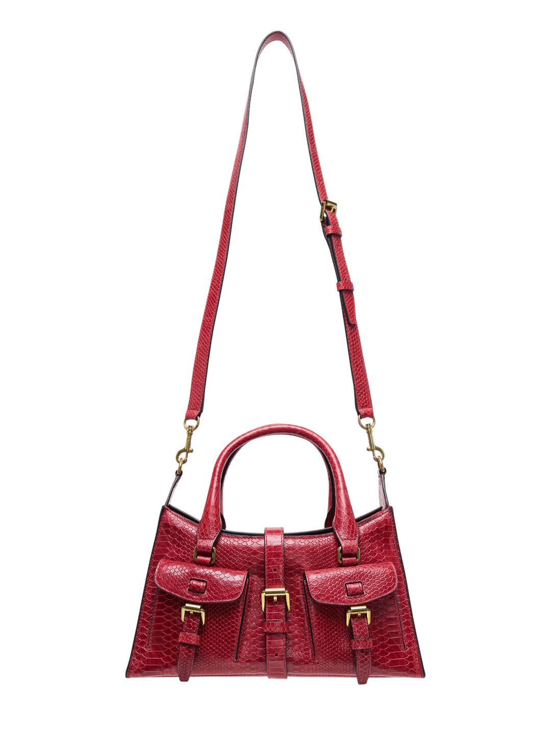 Mulberry Small Roxanne bag in red snake-embossed leather with gold-tone buckles, twin front pockets, top handle and long adjustable shoulder strap