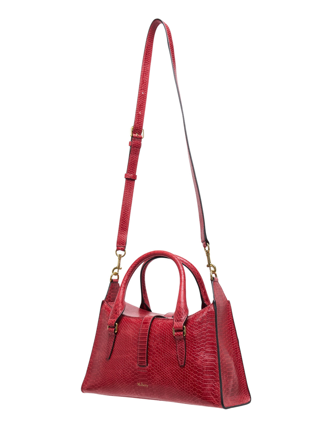 Mulberry Small Roxanne bag in red snake-embossed leather with gold-tone buckles, twin front pockets, top handle and long adjustable shoulder strap - view 2