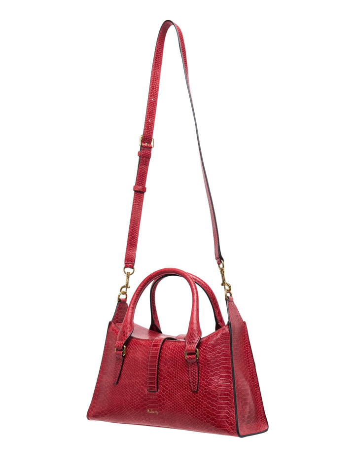 Mulberry Small Roxanne bag in red snake-embossed leather with gold-tone buckles, twin front pockets, top handle and long adjustable shoulder strap - view 2