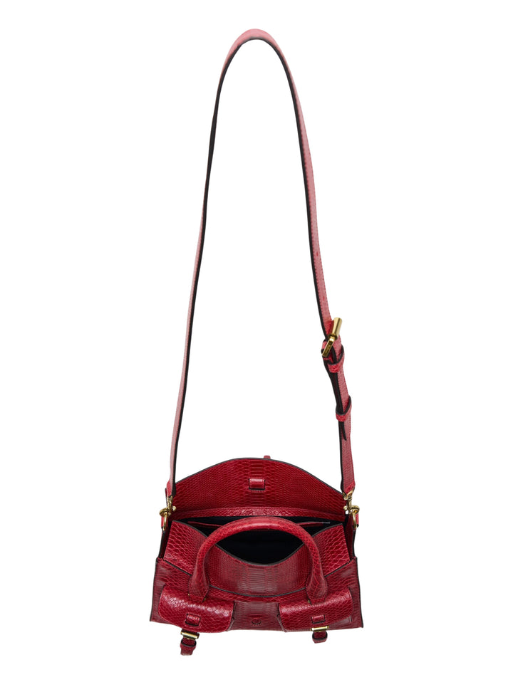 Mulberry Small Roxanne bag in red snake-embossed leather with gold-tone buckles, twin front pockets, top handle and long adjustable shoulder strap - view 3