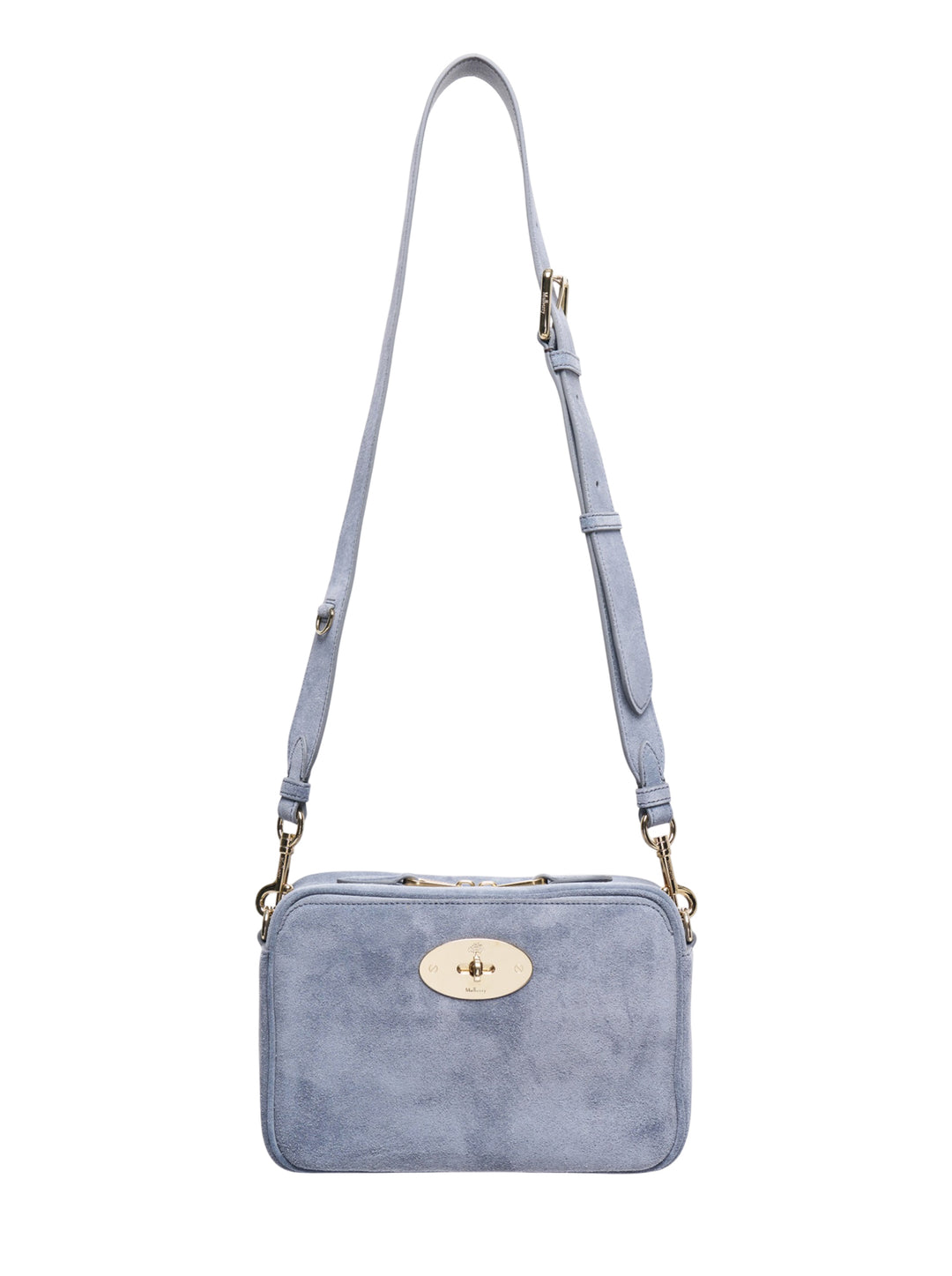 Mulberry Darley Camera Bag in dusty blue suede with gold-tone postman's lock closure and long adjustable crossbody strap