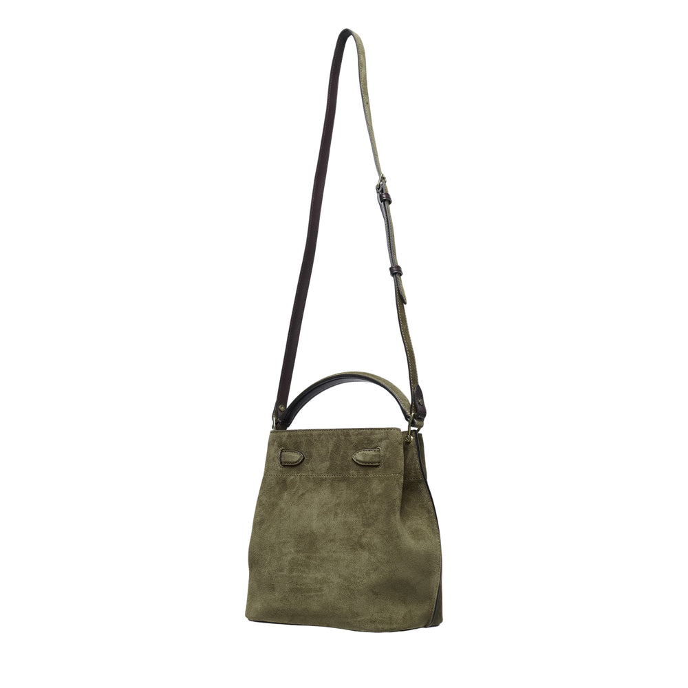 Mulberry Islington Bucket Bag in olive suede with postman's lock closure, rolled top handle, and adjustable crossbody strap, shown on white background