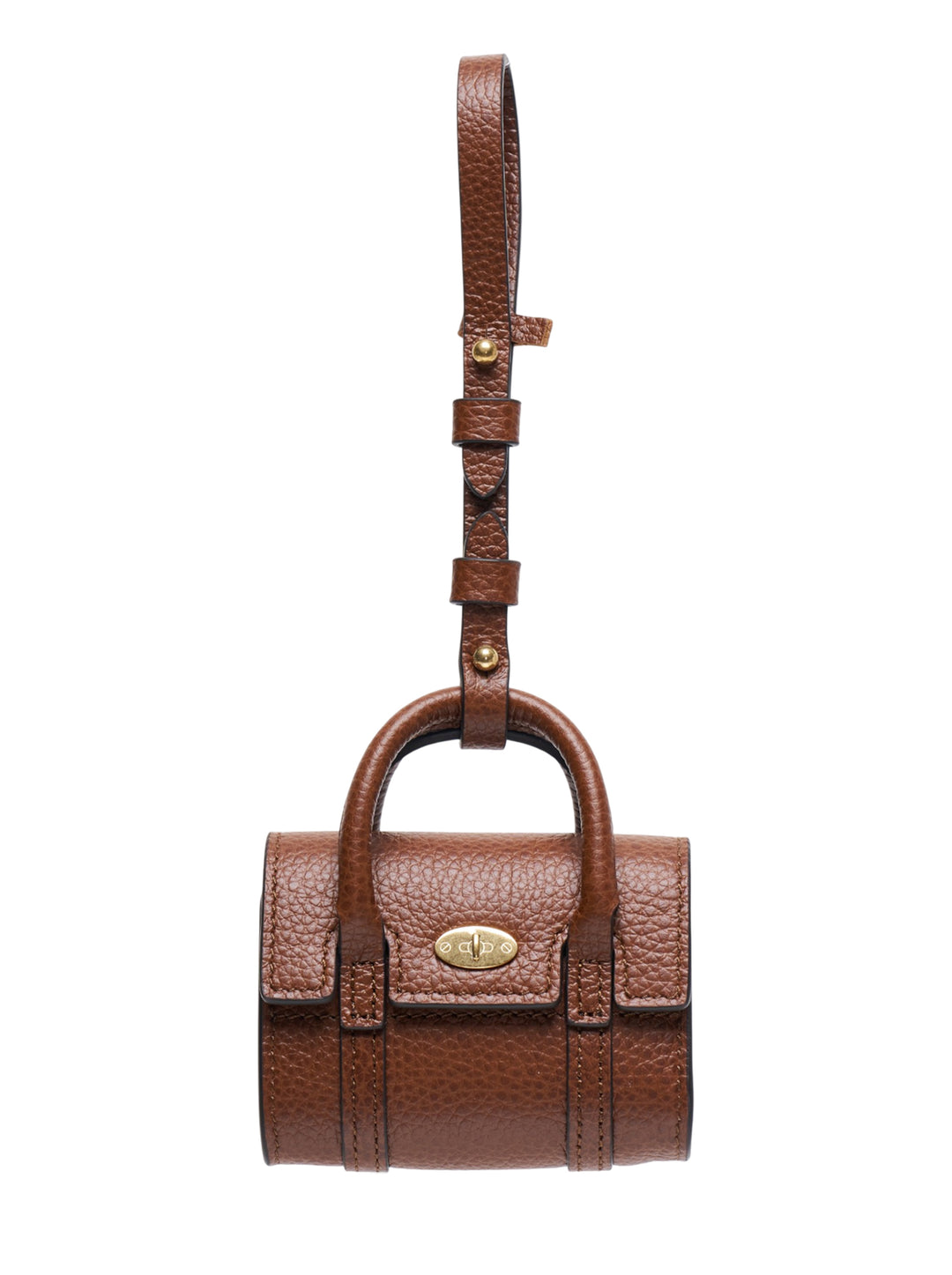 Mulberry Mini Bayswater Bag Charm in tan pebbled leather with a miniature postman's lock clasp in gold-tone brass and an adjustable leather attachment strap