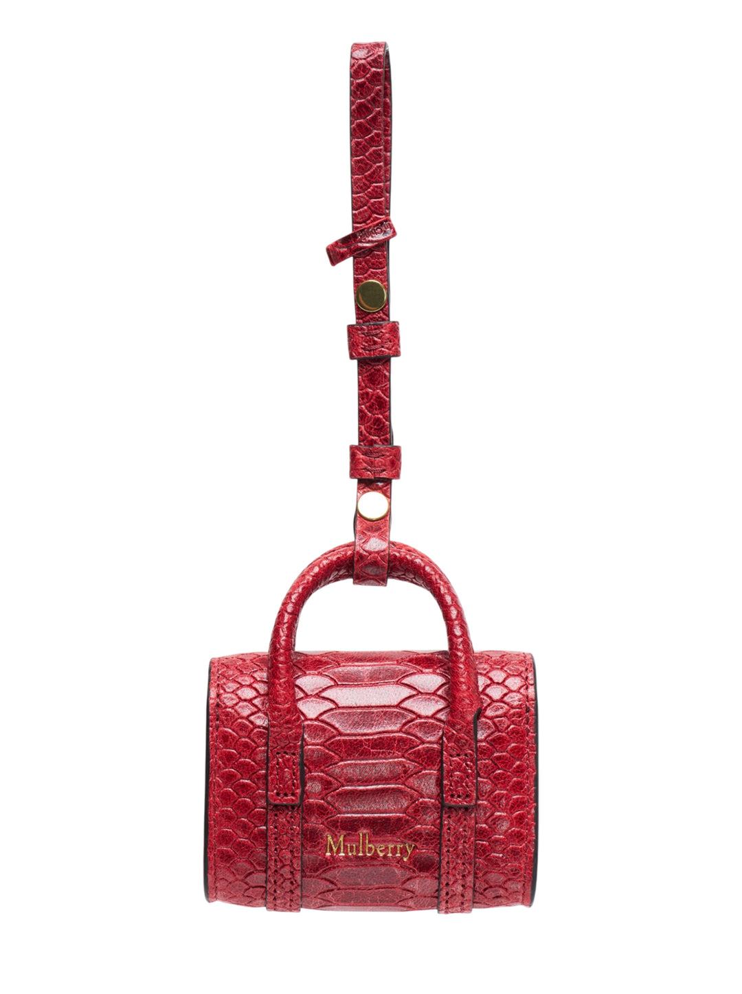 Mulberry Mini Bayswater Snake Charm keyring in red snake-embossed leather with gold-tone turn-lock clasp and adjustable attachment strap - view 2