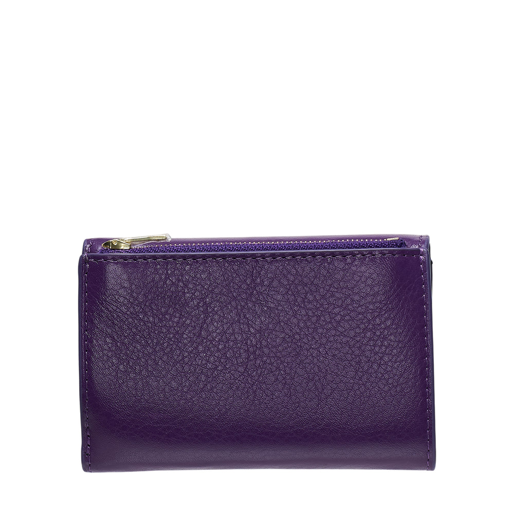 Mulberry Darley Folded Multi-Card Wallet in glossy purple leather with gold-tone postman's lock twist closure, front view on white background