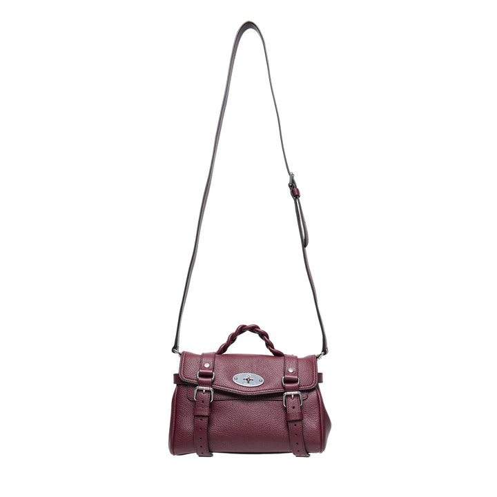 Mulberry Mini Alexa Small Classic Grain satchel in deep burgundy pebbled leather with braided top handle, silver-tone postman's lock, buckle strap detailing, and long adjustable crossbody strap