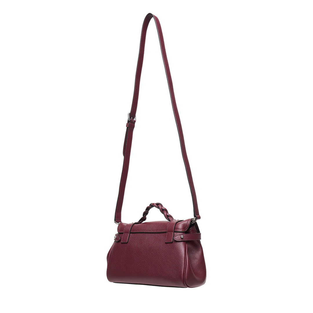 Mulberry Mini Alexa Small Classic Grain satchel in deep burgundy pebbled leather with braided top handle, silver-tone postman's lock, buckle strap detailing, and long adjustable crossbody strap