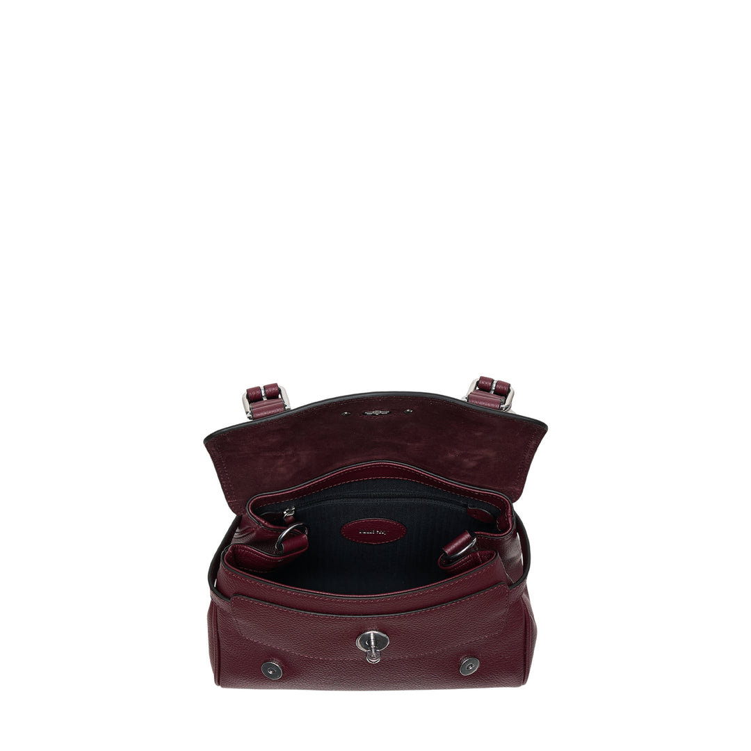 Mulberry Mini Alexa Small Classic Grain satchel in deep burgundy pebbled leather with braided top handle, silver-tone postman's lock, buckle strap detailing, and long adjustable crossbody strap