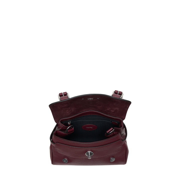 Mulberry Mini Alexa Small Classic Grain satchel in deep burgundy pebbled leather with braided top handle, silver-tone postman's lock, buckle strap detailing, and long adjustable crossbody strap