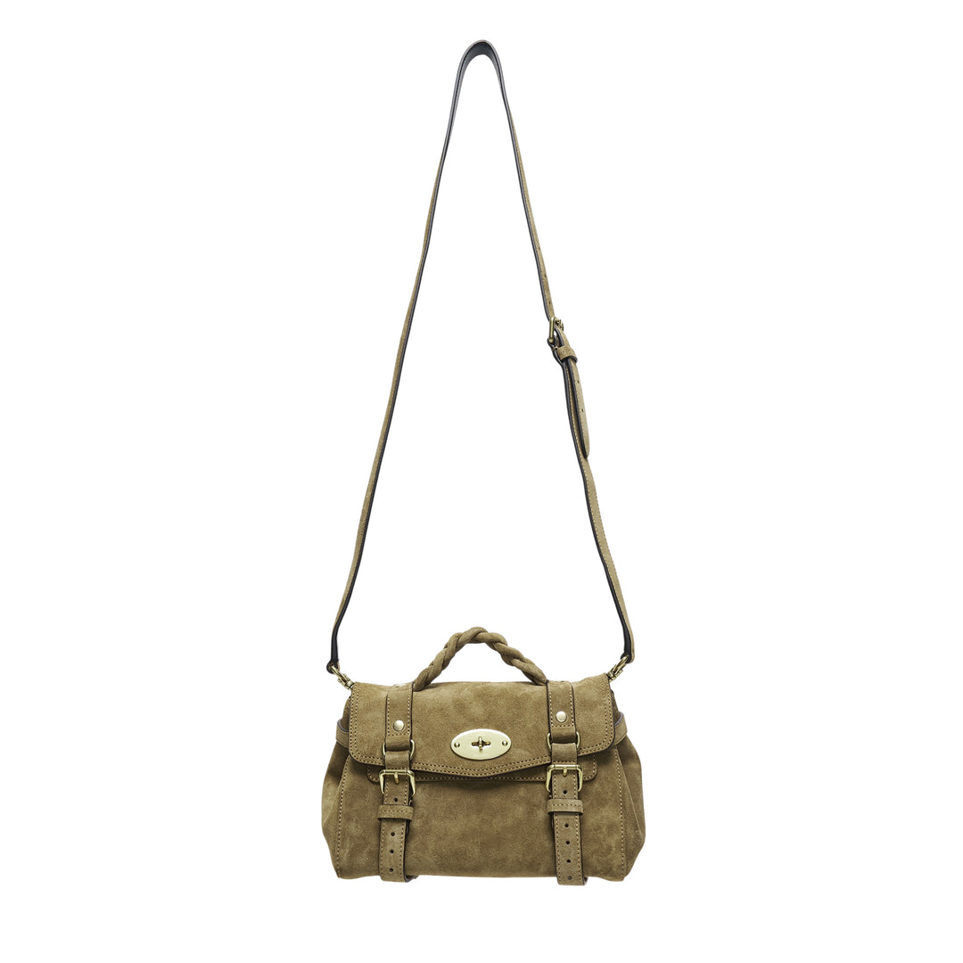 Mulberry Mini Alexa suede satchel in khaki tan with braided top handle, oval postman's lock, twin buckle straps, and a long adjustable crossbody strap, photographed on a white background
