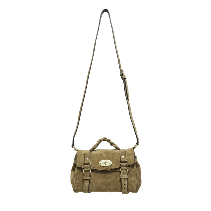 Mulberry Mini Alexa suede satchel in khaki tan with braided top handle, oval postman's lock, twin buckle straps, and a long adjustable crossbody strap, photographed on a white background