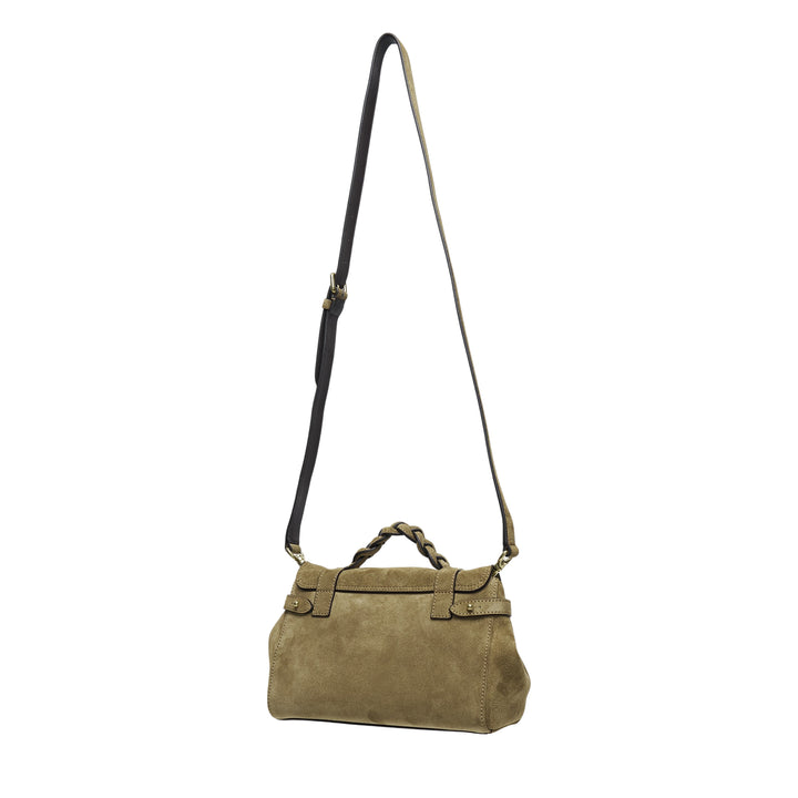 Mulberry Mini Alexa suede satchel in khaki tan with braided top handle, oval postman's lock, twin buckle straps, and a long adjustable crossbody strap, photographed on a white background