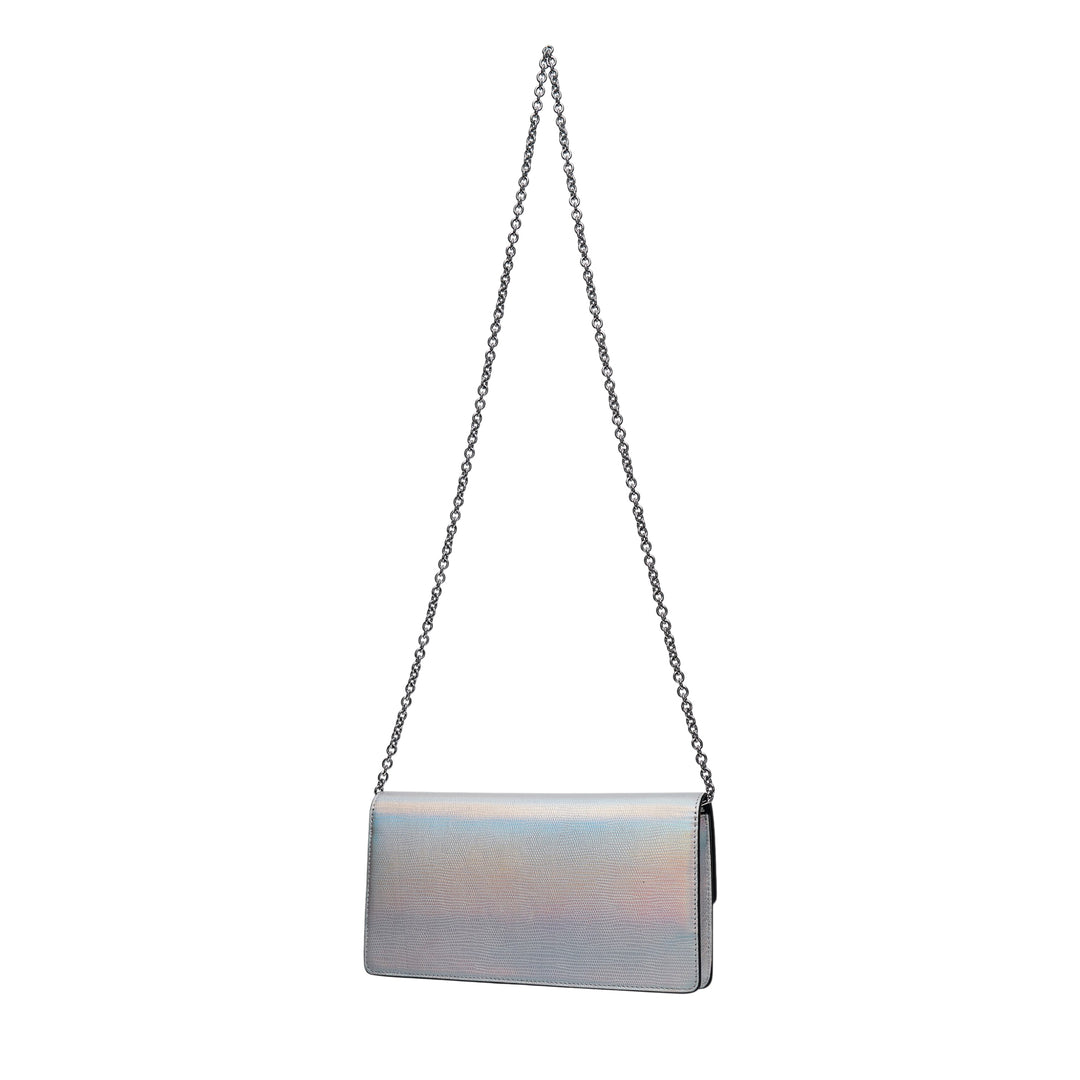 Mulberry Darley Clutch in iridescent metallic lizard-embossed leather with silver-tone chain strap and oval postman's lock closure, shown on white background